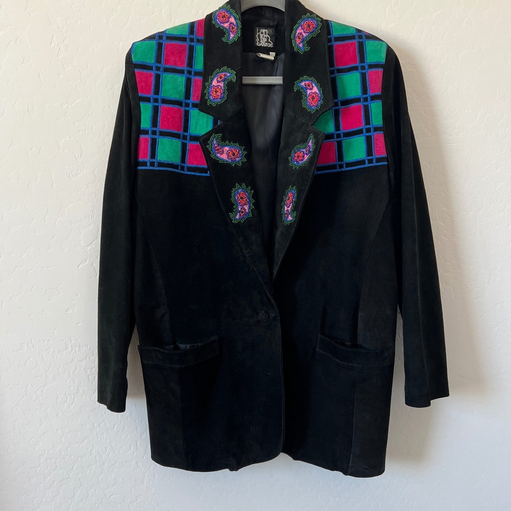 Gantos Suede Jacket 80s Women Medium Black Beaded Paisley Plaid Patchwork Blazer